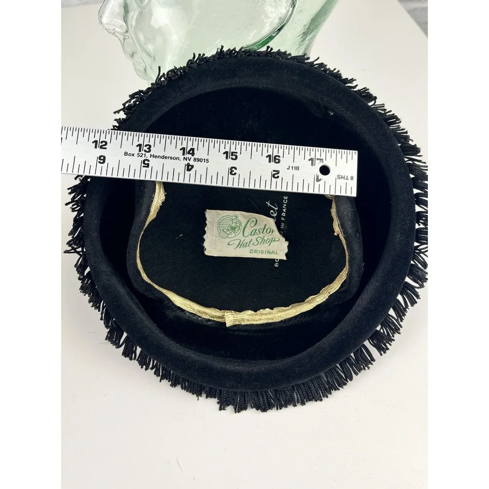 Black Velvet Cocktail Hat Headband Tassel Fringe Flechet France Vintage Evening
